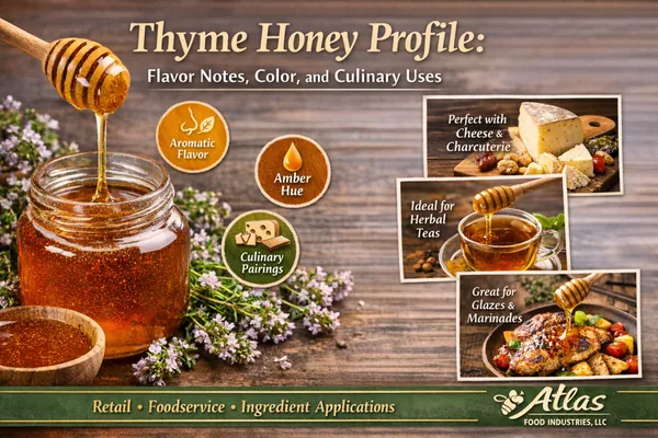 Jar of thyme honey and thyme flowers