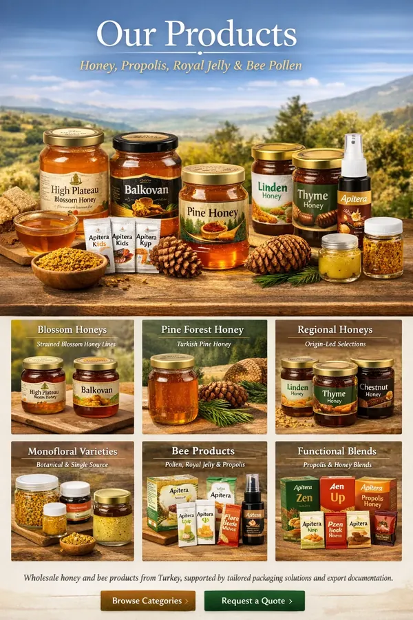 Honey and bee products portfolio supplied from Turkey